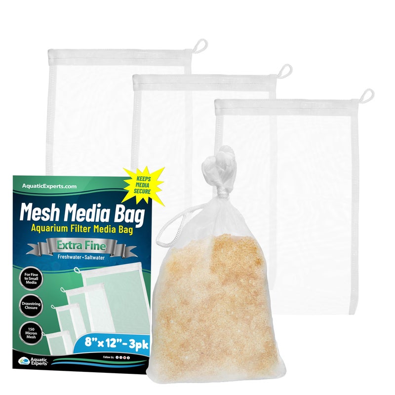 Aquatic Experts Extra Fine Aquarium Media Bag, Durable Drawstring Bags for Fish Tank Filters,150 Micron Mesh, (Extra Fine, 8" x 12" - 3 Pack) - Image 1
